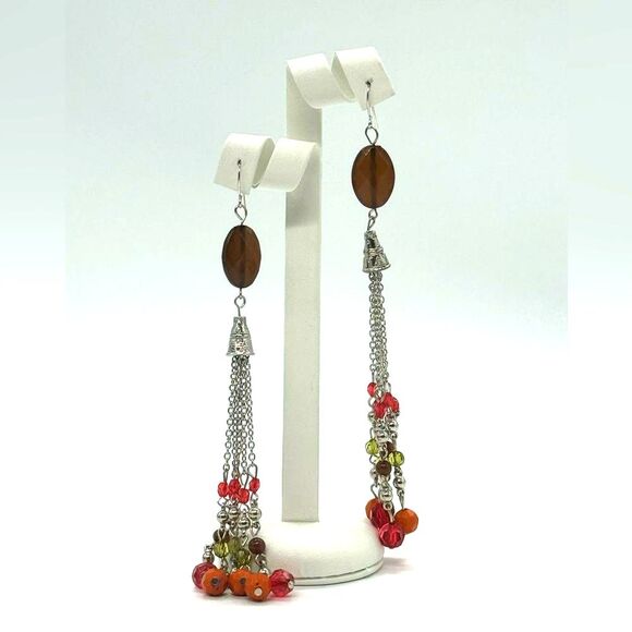 INC 5 Inch Boho Beaded Silver Tone Dangle Earnings 5 inch - Picture 1 of 5